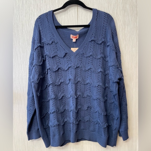 NWT EVRI Navy Blue Textured V-Neck Sweater | Size 2X | Fringe Knit Detail - Picture 1 of 5